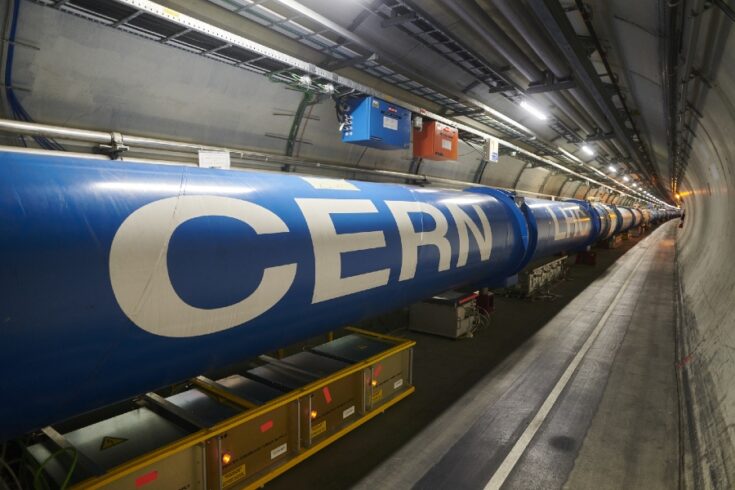 A chain of LHC dipole magnets inside theLHC tunnel at point one (ATLAS)