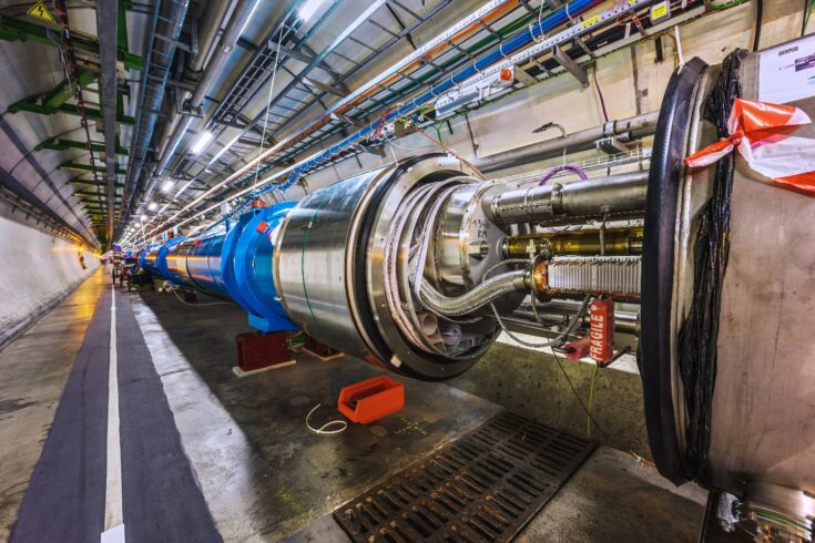 The LHC at CERN underground, a blue tube that stretches past the far point of the image.