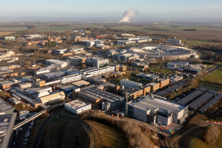 Aerial drone image of the Rutherford Appleton Laboratory campus in Oxfordshire, shot January 2022.