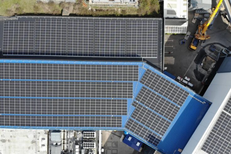 Solar panels on the roof of the ISIS Neutron and Muon Source facility at the Rutherford Appleton Laboratory in Oxfordshire