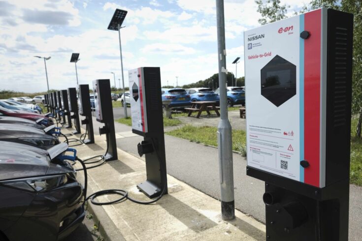 Electric vehicles using bi-directional V2G chargers at Nissan’s Technical Centre in Cranfield UK