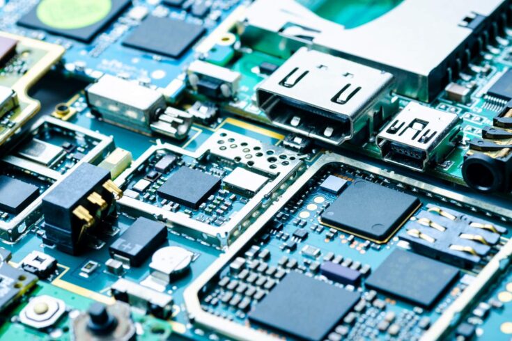 Electronic boards close-up with chips and electronic components