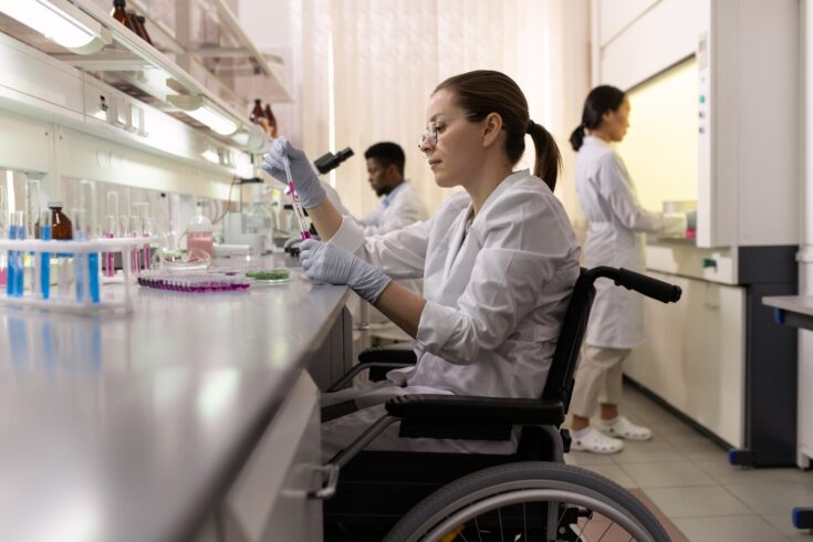 Side view of female lab worker in wheelchair experimenting with fluids