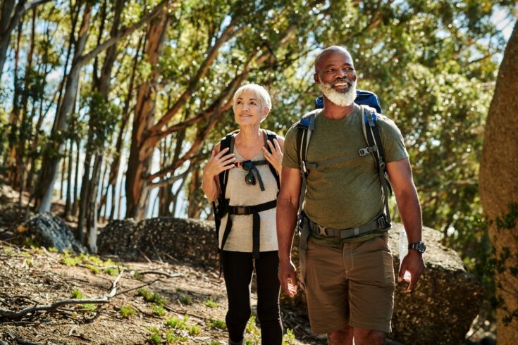 Shot of a senior couple hiking together out in the mountains