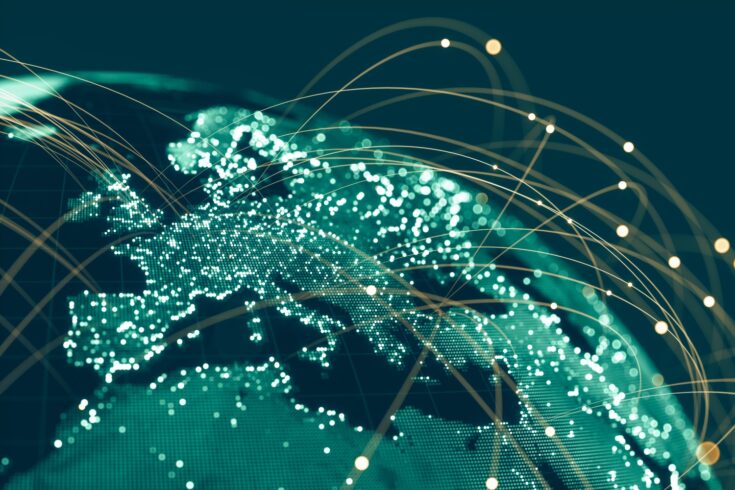 Blue Globe viewing from space at night with connections between cities