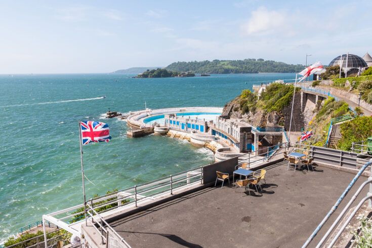 View of Drakes Island from terrace in Plymouth, Great Britain.