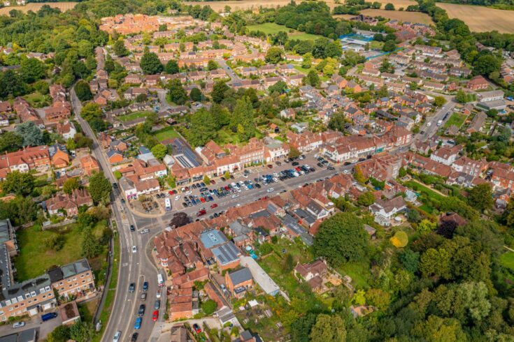 Aerial photo from a drone of the English market village of Wickham including the local square in Hampshire, UK