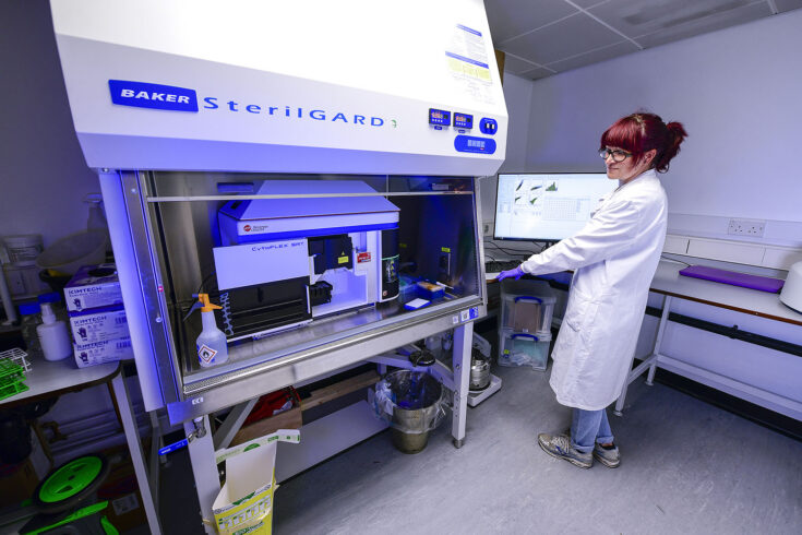 Lizzie Freyer, Flow Cytometry Facility Manager at the Medical Research Council (MRC) Human Genetics Unit in the Institute of Genetics and Cancer, The University of Edinburgh, using an MRC-funded cell sorter (Beckman Coulter Cytoflex SRT). Cell sorters are routinely used to separate distinct cell populations from a biological mixture, 1 cell at a time, using fluorescent tags. The sorted cells are used by researchers to investigate how our genomes work to control the function of molecules, cells and tissues in people and populations.