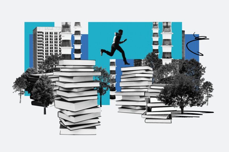 Black and white image collage or books and city landscape
