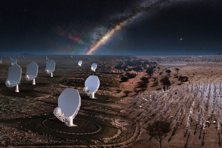 A composite image of the future SKA telescopes, blending what already exists on site with artist's impressions. From left: an artist's impression of the future SKA-mid dishes blend into the existing precursor MeerKAT telescope dishes in South Africa. From right: an artist's impression of the future SKA-low stations blends into the existing AAVS2.0 prototype station in Australia