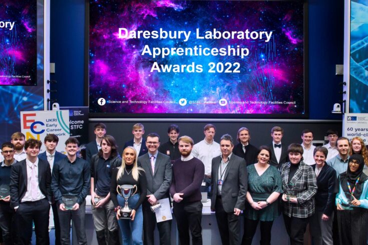 Group photo of many of the apprentices from STFC Daresbury Laboratory at the 2022 apprenticeship awards.