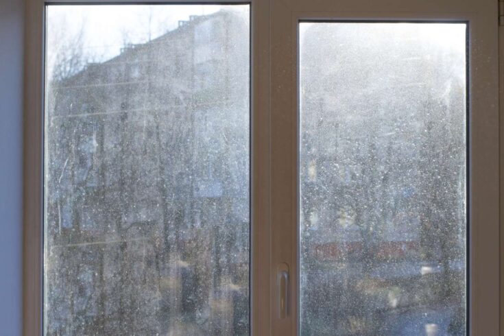 Window with very dirty and dusty glass in daylight