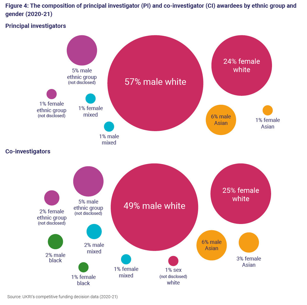 Figure 4: The composition of principal investigator and co-investigator awardees by ethnic group and gender (2020 to 21)