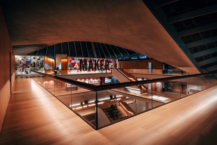 Modern angular wooden staircase in the London Design Museum