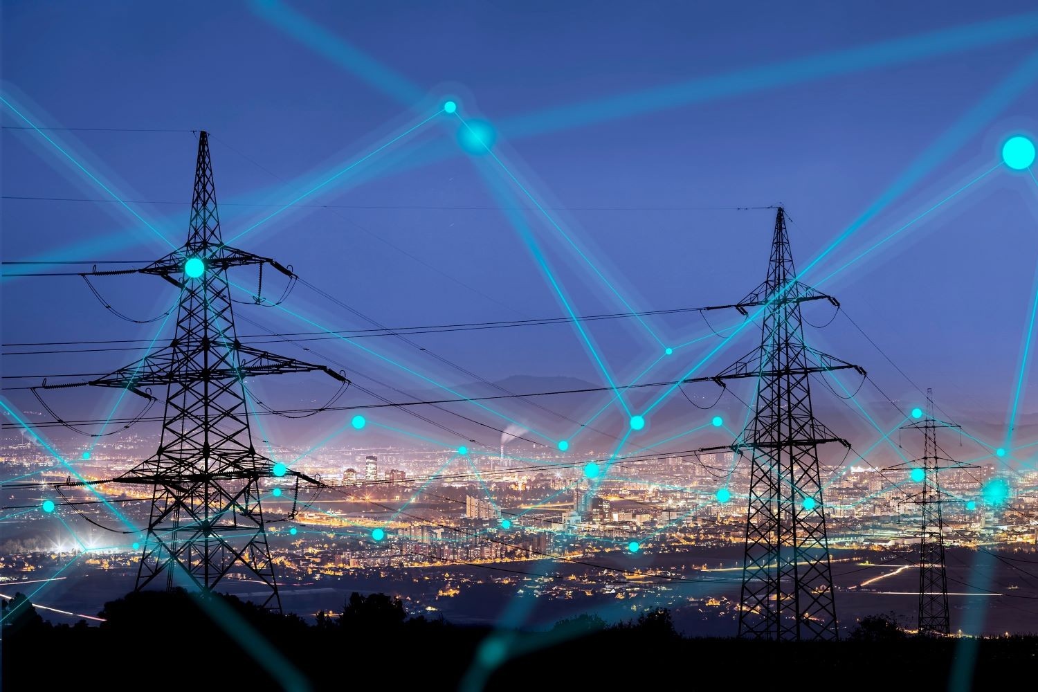 Electricity pylons against a city backdrop at dusk, with a network of connected points suggesting the future interconnected digital twin applications for the UK energy system.