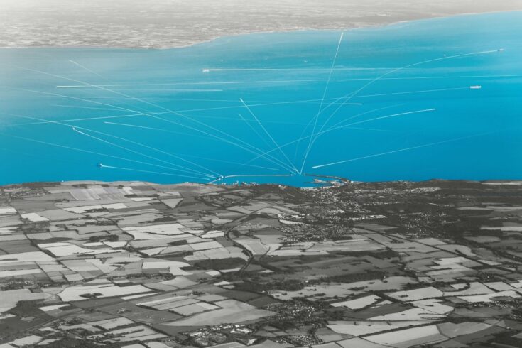 Port of Dover with shipping lines in the sea