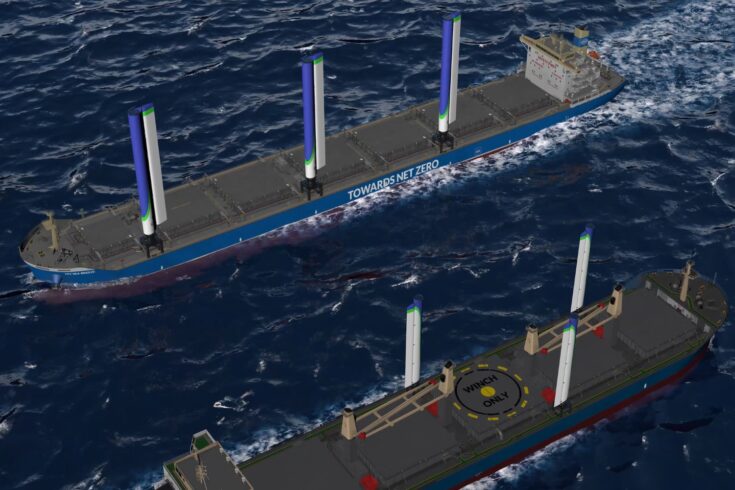 Mock up image of cargo ship with new sail technology