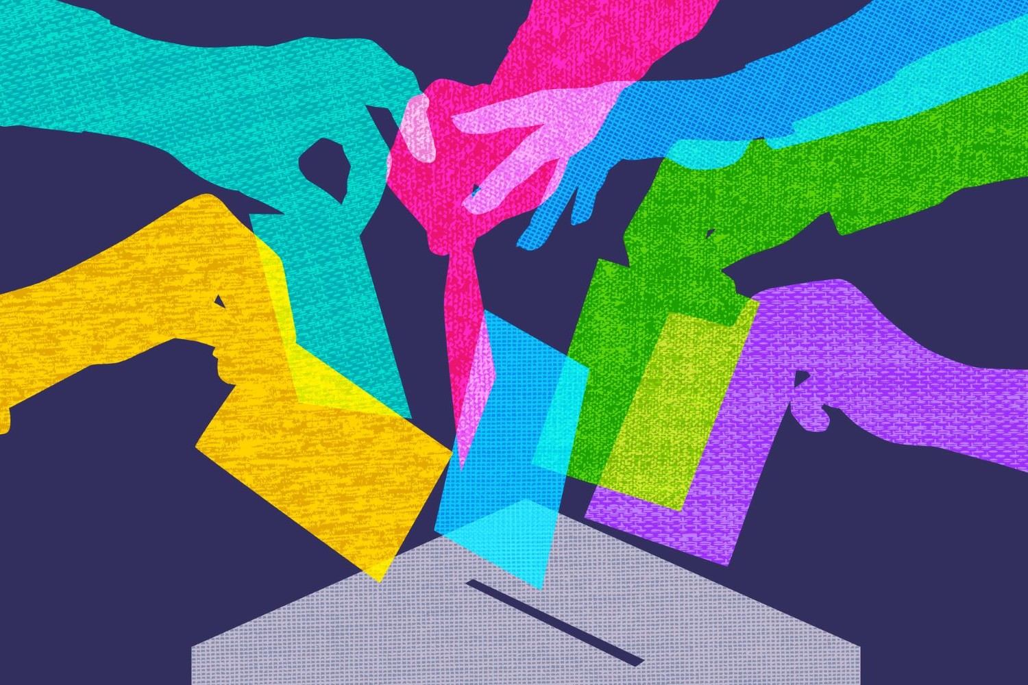 Colourful overlapping silhouettes of hands voting in fabric texture