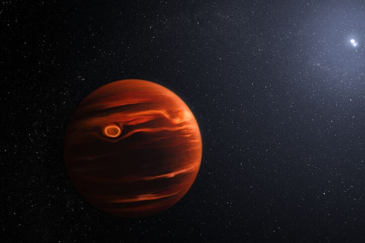 Red planet shown against blackness of space with a star casting light in the distance