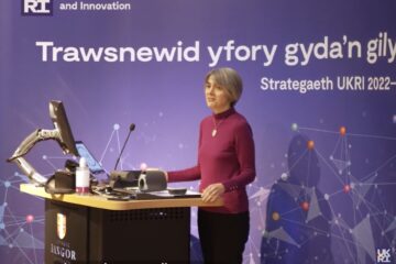 Screenshot of the transforming tomorrow together, UKRI strategy roadshow video in Bangor, Gwynedd. UKRI CEO Dame Ottoline Leyser speaking.