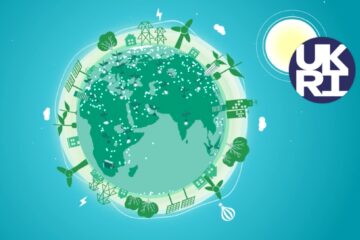 Screenshot from the wallpaper that generates electricity video, the wonder of algae. Animated image of the Earth with different electricity supplies, wind turbines, solar panels, electricity pylons