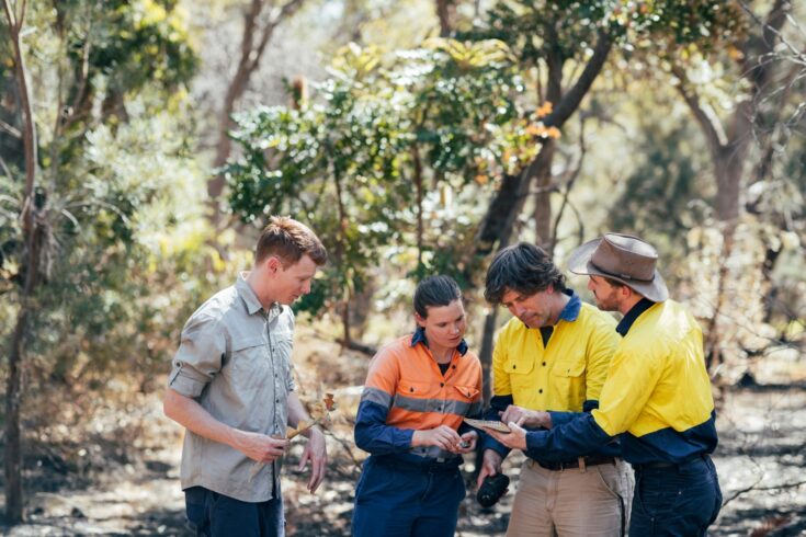 eam of scientific environmental conservationist working together collecting data.