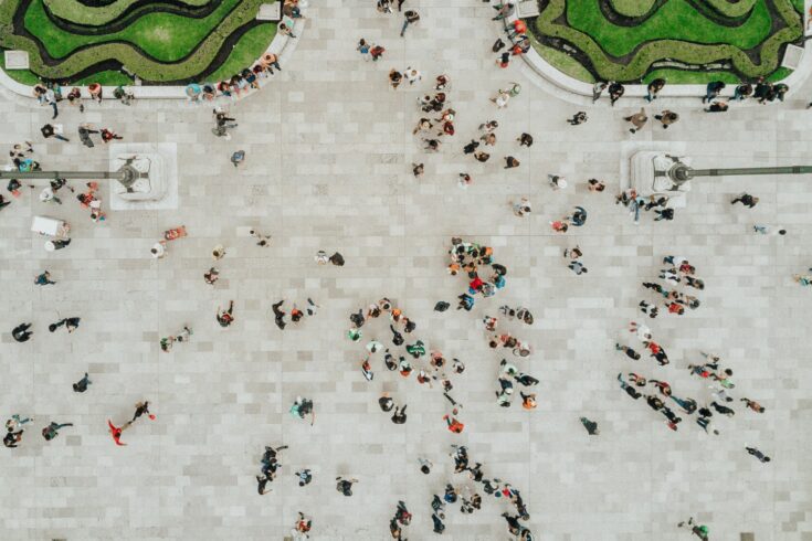 Aerial view of people walking
