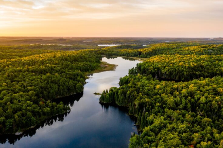 Lake in morning light from an aerial view