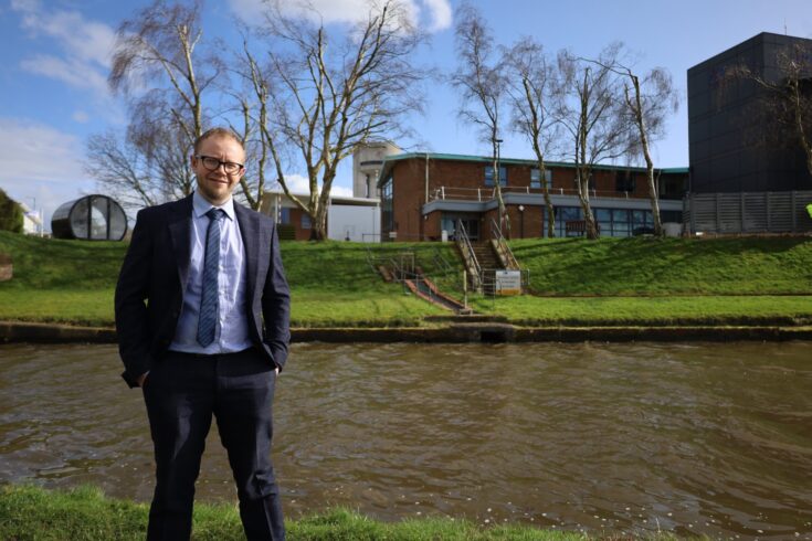 David stood outside Daresbury Laboratory along the canal.