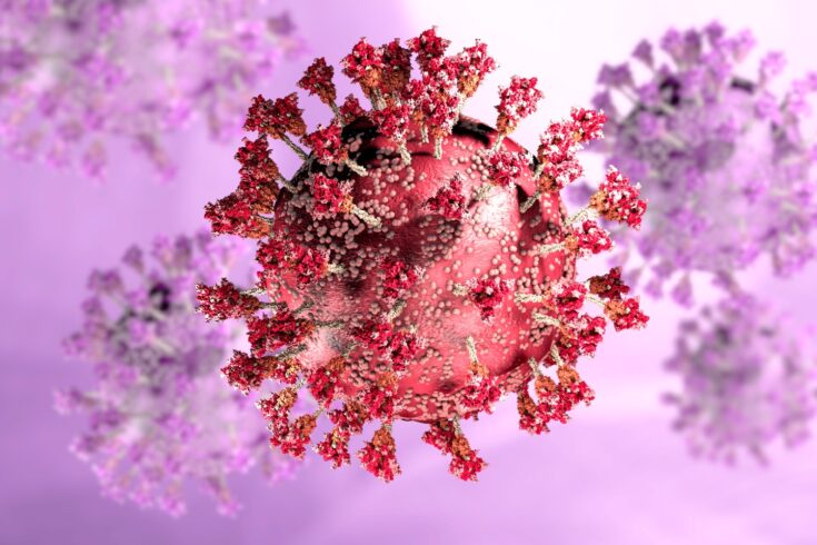 Red digital rendering of Covid-19 virus