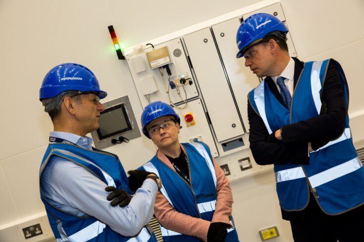 STFC Executive Director of Large Scale Facilities and Head of STFC Rutherford Appleton Laboratory, Dr Alan Partridge (left), Director of STFC RAL Space, Dr Sarah Beardsley (middle), and Deputy CEO at the UK Space Agency, Ian Annett (right) touring the NSTF as part of the signing event.