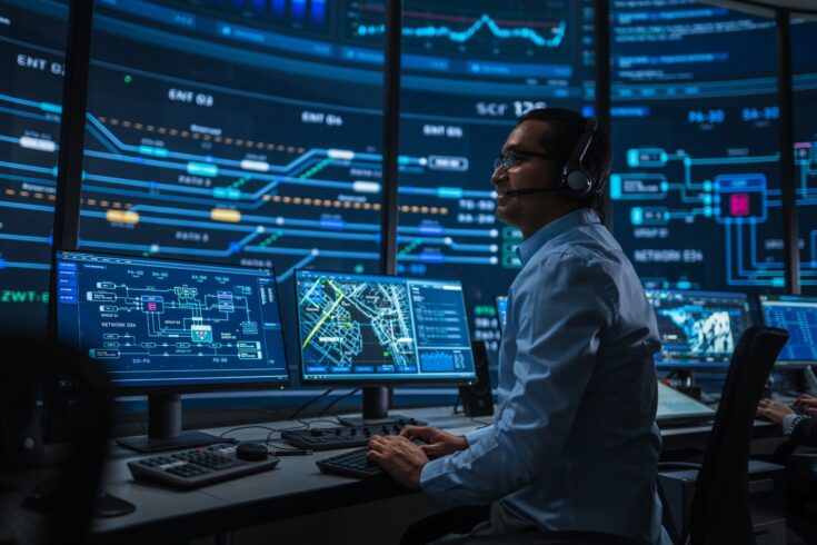 Professional IT technical support specialist and software developer working on computer in monitoring control room with digital screens.