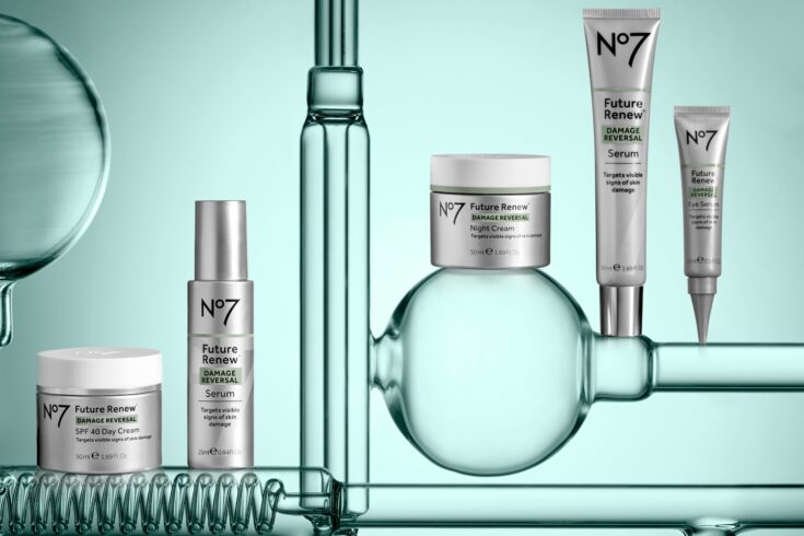 Future Renew's No7 product line featuring five different sized tubs and tubes of different products