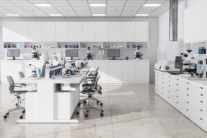 A modern empty science laboratory with computers, microscopes, test tubes and other laboratory equipment