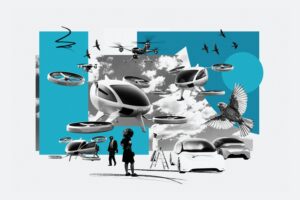 Collage of images related to the future of flight, including drones, flying cars, land-based cars and birds