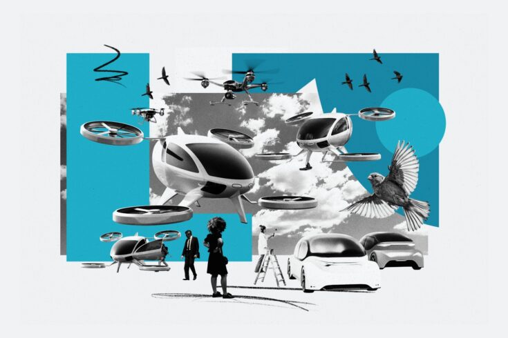 Collage of images related to the future of flight, including drones, flying cars, land-based cars and birds