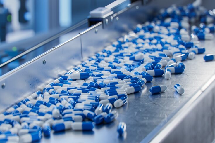 Blue capsules on conveyor belt at a modern pharmaceutical factory