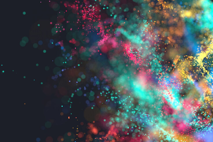 3D render of many flowing colorful particles.