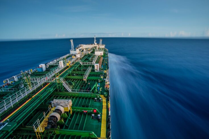 Ship at sea with blurred water