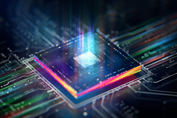 Futuristic central processor unit. Powerful Quantum CPU on PCB motherboard with data transfers.