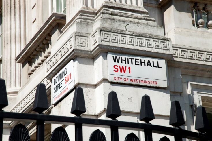 Street signs on the corner of Downing Street and Whitehall.