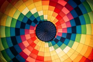 Inside of a colourful hot air balloon