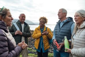 Group standing outdoors in coastal scene