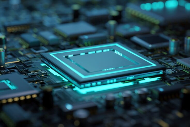 Close up of motherboard with focus on the main processor or micro chip with cyan backlit