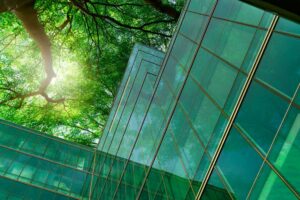 Eco-friendly building in a modern city. Green tree branches with leaves and sustainable glass building for reducing heat and carbon dioxide. Office building with green environment. Go green concept.