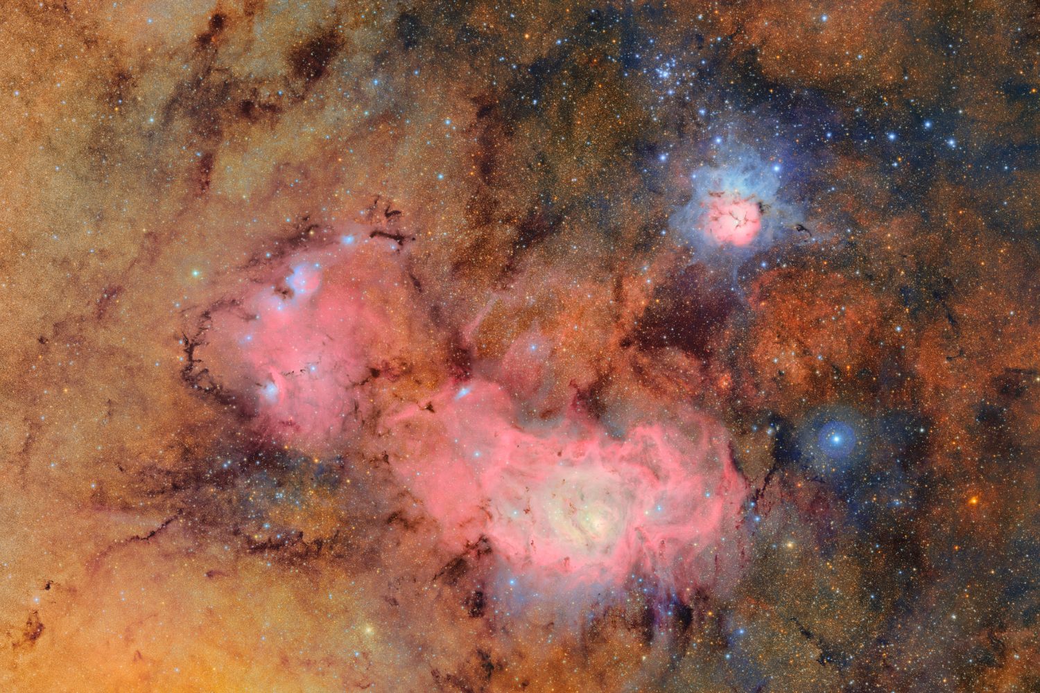 Space image from the Vera C Rubin Observatory showing the Rubin Trifid and Lagoon Nebulas