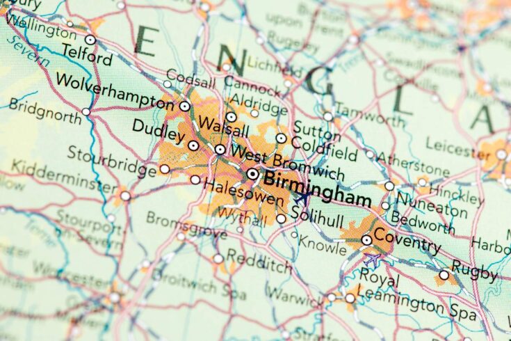 Close up of West Midlands on UK map.