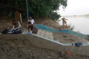Researchers collecting water samples from the Ganges River in India.