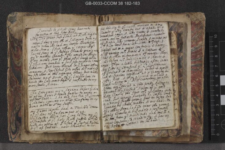 Open book showing pages from Alice Thornton's Book of Rembrances.