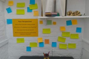 Caption: Post-it notes station for visitors at the Austenmania! exhibition at Jane Austen’s House.